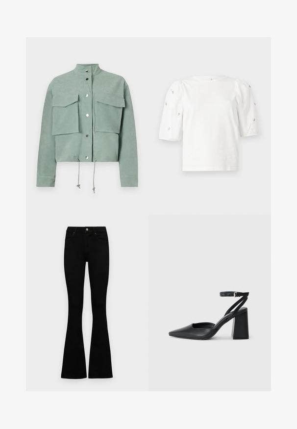 Zelena jakna s kratkimi rokavi, skrajšana, s dvema sprednjima žepoma in zapinjanjem na gumbke, z vrvico na robu in stoječim ovratnikom.; Bela bombažna majica s kratkimi rokavi s pufastimi rokavi, ki ima majhne srebrne okrase vzdolž rokavov. Klasičen okrogel izrez, sproščen kroj.; Črne visokotopne kavbojke z gumbom in zadrgo, sprednjimi žepi in razširjenimi hlačnicami, poleg bel background.; Črne usnjene klasične čevlje z ostrim nosom, z zaponko za gleženj in debelim peto. Ravna tekstura, eleganten dizajn in minimalistična estetika.