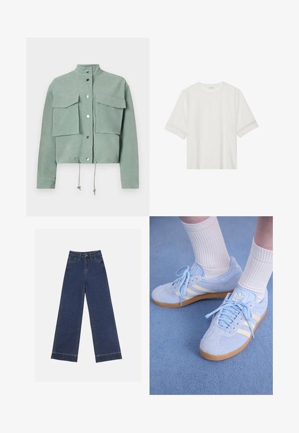 Rövidujjú, cropped, zöld kabát, két elülső zsebbel és patentgombokkal, húzózsinórral az alsó részén és álló gallérral.; Fehér, rövid ujjas póló, pamutból készült, díszes csipkés szegéllyel az ujjak mentén és kerek nyakkivágással.; Sötétkék denim széles lábú farmernadrág. Öt zsebbel, övhurkokkal és nyers szegéllyel az alján, amelyen látható varrási részletek találhatók.; Világoskék velúr sportcipők fehér csíkokkal, lapos fűzőkkel és gumi talppal. Domború fehér zoknik vannak viselve a boka felett.