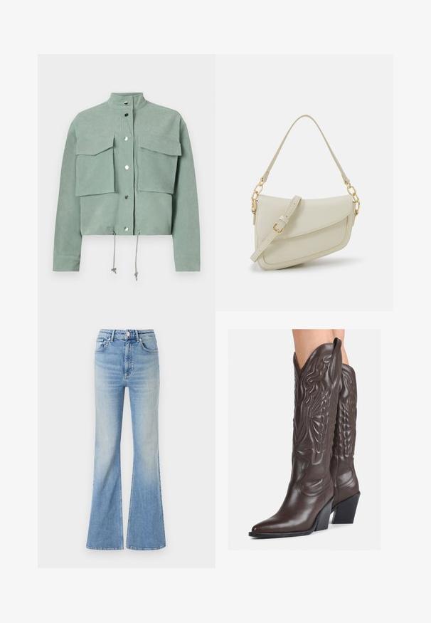 Kortærmet, cropped, grøn jakke med to foran lommer og trykknapper, med snoretræk i kanten og stående krave.; Hvid ærmeløs tanktop lavet af ribbet stof, med en rund halsudskæring og en tætsiddende silhuet, med minimale sømme og ingen pynt.; Lyseblå flared jeans lavet af denim, med høj talje, fem-lommekonstruktion og en subtil gradientafblegning mod kanten.; Brune læder cowboystøvler med spids tå og blokhæle, med detaljeret syning og forhøjede accenter på skaftet.; Lille cremehåndtaske med tekstureret overflade, en lang justerbar rem, en kædeaccent og flaplukning. Detaljer i guldhardware.