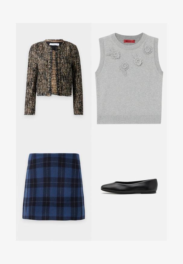 Texturovaná bunda v černé a béžové barvě s třepenými okraji, má otevřený přední díl a dlouhé rukávy; vyrobena z tkaniny s lehkým leskem.; Svetle šedý bezrukávový svetr s ribovaným výstřihem a lemem. Na přední straně jsou tři texturované květinové aplikace. Značka: MAX&Co.; Károvaná minisukně v tmavě modré a námořnické barvě, vyrobená z měkké tkaniny s mírně strukturovaným povrchem. Má rovný střih a čisté linie.; Paul Smith TOPANGA - Klasické baleríny  - black