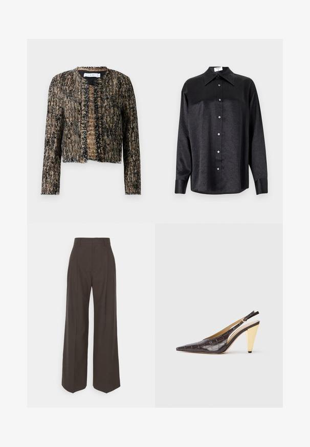 Strukturirana jakna v črni in bež barvi s strganimi robovi, z odprtim sprednjim delom in dolgimi rokavi; narejena iz tkanine z rahlo sijočo površino.; Črna srajca z dolgimi rokavi in ovratnikom, ki ima gubasto teksturo, celotno zapenjanje na gumb in manšete. Izdelana iz gladkega materiala.; Temno rjave široke hlače z visokim pasom, ki imajo lepo stisnjene gube, gladko teksturo in krojen fit.; Slingback peto s koničastim nosom, v temno rjavi sijoči umetni krokodilji usnjeni različici. Ima zlate geometrijske pete in nastavljiv ankel trak.