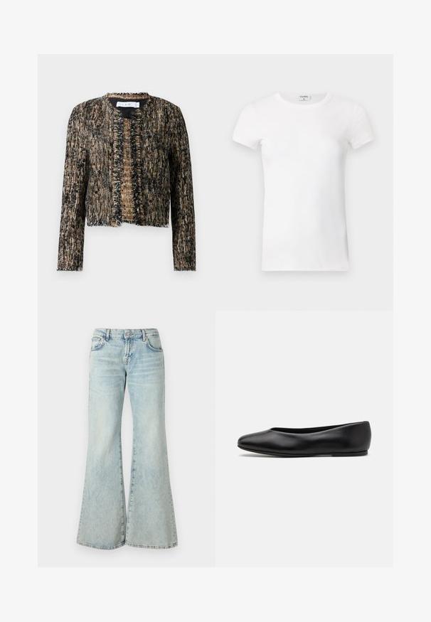 Textured jacket in black and beige with frayed edges, featuring a open front and long sleeves; crafted from a woven, slightly shiny material.; White ribbed short-sleeve T-shirt with a crew neck. The fabric appears smooth with a fitted silhouette. Branding label visible at the collar.; Light blue flared jeans made from denim, featuring a high waist, pockets, and frayed hems. The fabric displays a faded wash and subtle texture.; Paul Smith TOPANGA - Ballet pumps - black