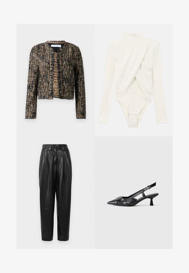 Textured jacket in black and beige with frayed edges, featuring a open front and long sleeves; crafted from a woven, slightly shiny material.; Long-sleeve bodysuit in cream white, featuring a high collar, side ruching, and snap closure at the bottom. Made of smooth, stretchy fabric.; Black high-waist tapered leather pants with belt loops and a front button closure on a white background.; Black leather slingback shoe with a pointed toe, decorative straps featuring metal eyelets, and a low block heel. Textured surface.