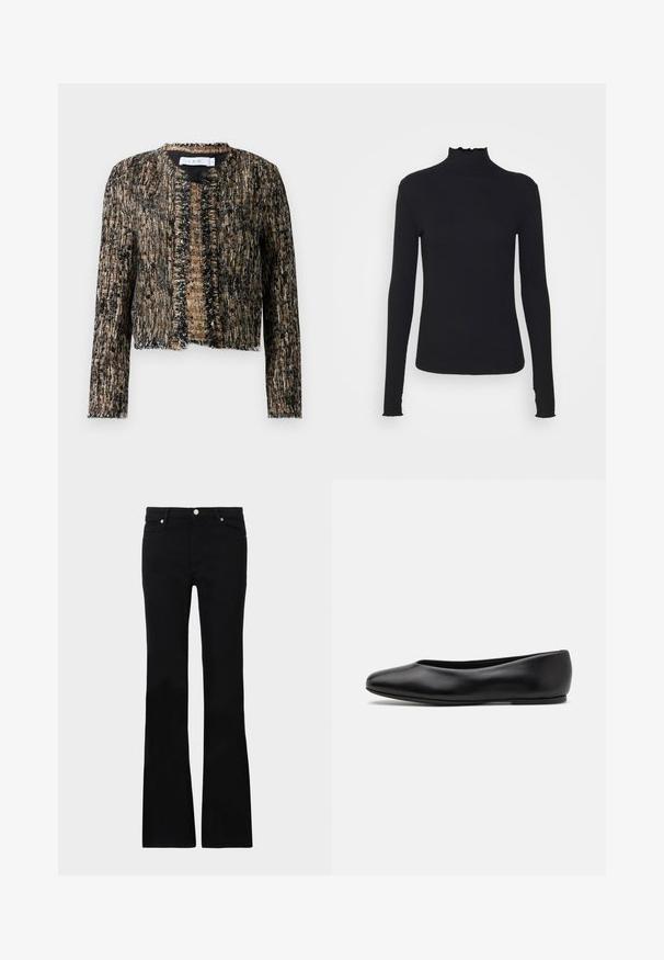 Veste texturée en noir et beige avec des bords effilochés, dotée d'une ouverture sur le devant et de manches longues ; fabriquée dans un matériau tissé, légèrement brillant.; Haut à manches longues noir en col roulé, fabriqué en tissu lisse, présentant un col volanté et une silhouette ajustée avec des bords simples.; Jean évasé noir en denim, avec deux poches avant, une fermeture à bouton et une texture lisse. Couture signature visible aux coutures.; Paul Smith TOPANGA - Ballerines - black