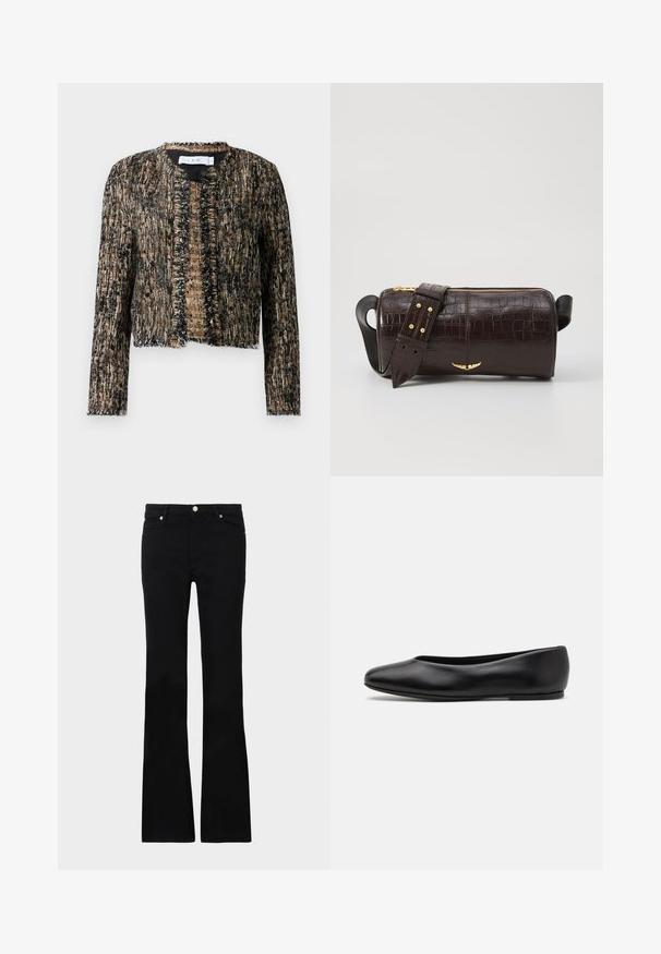 Texturierte Jacke in Schwarz und Beige mit ausgefransten Kanten, offenem Vorderteil und langen Ärmeln; aus einem gewebten, leicht glanzenden Material gefertigt.; Schwarz, langärmliges Turtleneck-Oberteil aus glattem Material, mit einem gerafften Kragen und einer enganliegenden Silhouette mit einfachen Kanten.; Schwarze, ausgestellte Jeans aus Denim, ausgestattet mit zwei Fronttaschen, einem Knopfverschluss und einer glatten Oberfläche. Signatur-Nähte an den Nähten sichtbar.; Paul Smith TOPANGA - Klassischer Ballerina - black; Braune, krokodilgeprägte Lederhandtasche mit zylindrischer Form, goldfarbener Hardware und einem abnehmbaren Tragegurt mit Nieten.