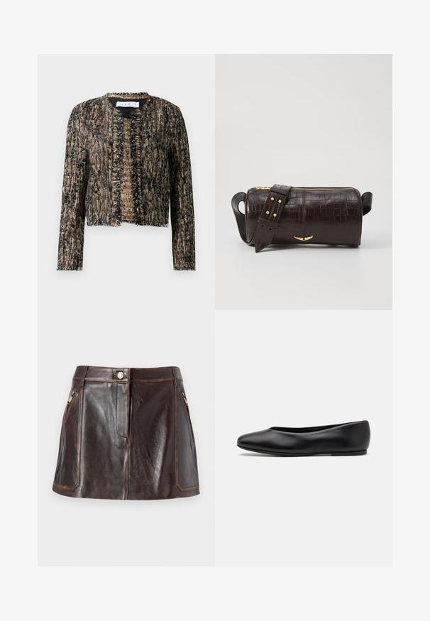 Veste texturée en noir et beige avec des bords effilochés, dotée d'une ouverture sur le devant et de manches longues ; fabriquée dans un matériau tissé, légèrement brillant.; T-shirt en coton rouge à manches courtes, avec un col rond et un texte blanc indiquant "VOLTAIRE" et "PARIS" en lettres grasses et courbées.; Jupe mini en cuir marron avec un design épuré, deux poches latérales zippées et des coutures contrastantes sur les bords.; Paul Smith TOPANGA - Ballerines - black; Sac en cuir embossé crocodile marron avec une forme cylindrique, quincaillerie dorée et une bandoulière détachable ornée de clous.