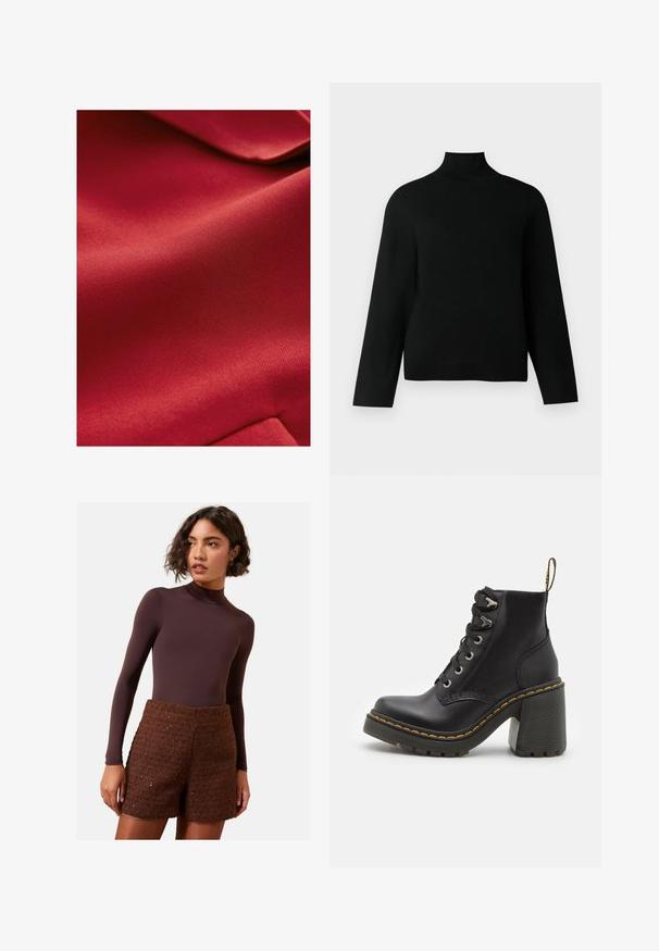 Tessuto rosso con texture, dalla finitura liscia, che mostra una sottile lucentezza. Il materiale appare leggero e leggermente flessibile con motivi deboli.; Maglione a collo alto di colore nero realizzato in morbido tessuto a maglia, con maniche lunghe e una vestibilità comoda. Tessuto liscio senza motivi o dettagli visibili.; Body a maniche lunghe marrone abbinato a pantaloni corti in maglia marrone testurizzata. Il body ha un collo alto, mentre i pantaloni corti presentano un design strutturato.; Stivaletto in pelle nera con tacco alto chunky, lacci frontali, occhielli in metallo e cuciture gialle lungo la suola. Suola in gomma testurizzata.