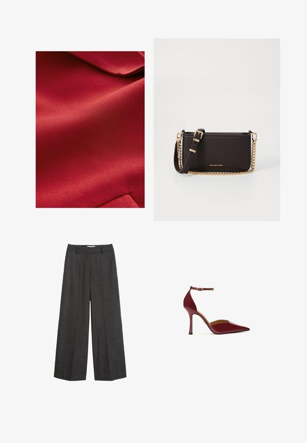 Punainen teksturoitu kangas, jossa on sileä pinta ja hienovarainen kiilto. Materiaali vaikuttaa kevyeltä ja hieman joustavalta, ja siinä on häivähdyksiä kuvioista.; Valkoinen nappikauluspaidat, joissa on pitkät hihat, rakenteellinen kaulus ja pyöristetty helma. Valmistettu sileästä, yksivärisestä kankaasta, jossa ei ole näkyviä kuvioita tai koristeita.; Hyviä leveälahkeisia housuja tummanharmaasta kankaasta. Varustettu räätälöidyllä vyötärökaistalla, jossa on vyölenkit, sileä tekstuuri ja minimaalinen ommelkorostus.; Burgundin väriset korkokengät, joissa on kiiltävä pinta, kärki on terävä, nilkkaremmissä on kullanvärinen solki ja kengän korkeus on hoikka stilettikorko.; MICHAEL Michael Kors BRYANT SM XBODY POUCHETTE - Olkalaukku - chocolate