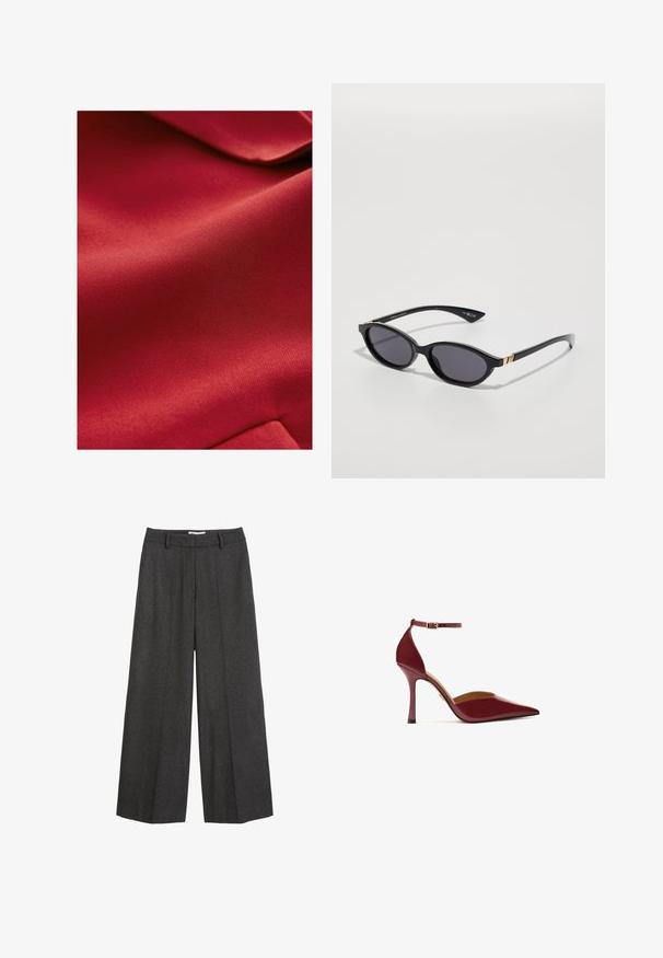 Red textured fabric with a smooth finish, showing a subtle sheen. The material appears lightweight and slightly pliable with faint patterns.; White button-up shirt with long sleeves, structured collar, and rounded hem. Made from a smooth, solid fabric with no visible patterns or accents.; Wide-leg trousers in dark gray fabric. Features a tailored waistband with belt loops, smooth texture, and minimal stitching accents.; High-heeled burgundy pump with a glossy finish, pointed toe, ankle strap with a gold buckle, and a slender stiletto heel.; Black sunglasses with oval lenses, dark gradient tint, and slim arms featuring subtle gold accents. Smooth plastic finish.; MICHAEL Michael Kors BRYANT SM XBODY POUCHETTE - Cross body bag - chocolate