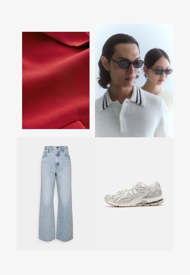 Czerwona fakturowana tkanina o gładkim wykończeniu, z subtelnym połyskiem. Materiał wydaje się lekki i nieco elastyczny z delikatnymi wzorami.; Biała bawełniana koszulka z krótkim rękawem, okrągłym dekoltem, luźnym krojem, gładką fakturą, bez widocznych wzorów czy akcentów.; Jasnoniebieskie dżinsy o szerokich nogawkach z wysokim stanem, klasycznym pięciopocketowym krojem i kontrastowym przeszyciem. Surowe wykończenie u dołu.; Buty biegowe mają srebrno-białą siateczkową cholewkę z zielonym akcentem. Podeszwa jest masywna i teksturowana, zaprojektowana z myślą o amortyzacji i wsparciu.; Czarne okulary przeciwsłoneczne z prostokątnymi soczewkami, noszone z białą, teksturowaną koszulą polo z paskowym kołnierzykiem. W tle jest rozmyta druga postać w jasnej bluzie.; Torebka pleciona z geometrycznym wzorem w kolorze srebrnym, złotym i czarnym. Posiada zaokrąglony wierzch, krótki uchwyt i gładką teksturę.