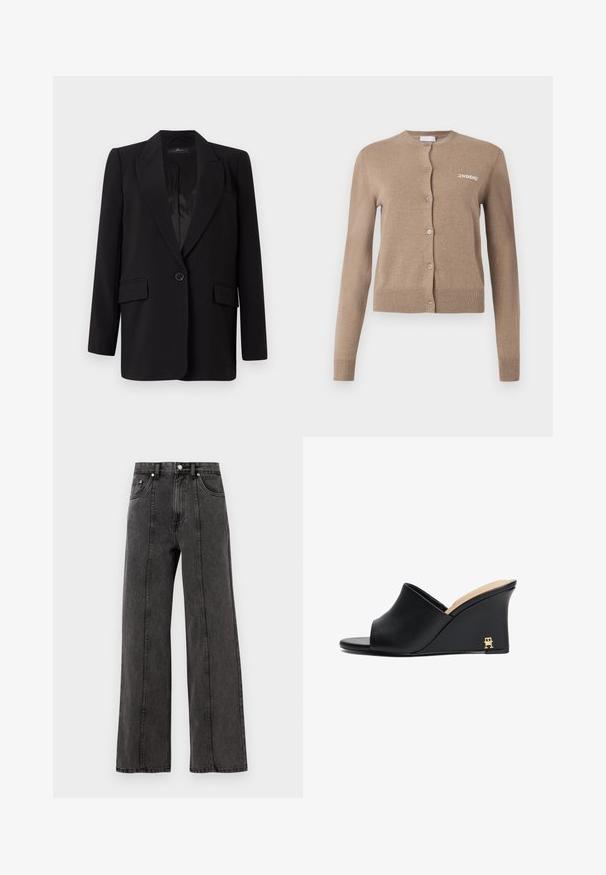 Czarna marynarka z klapami, z pojedynczym zapięciem na guzik, dwoma przednimi kieszeniami oraz gładką satynową podszewką. Prosty krój.; Beżowy sweter kardigan z długimi rękawami, okrągłym dekoltem i zapięciem na guziki. Posiada ribbowe wykończenia u dołu i na mankietach, z haftem "2ND DAY" z przodu.; Bezramionkowy szary top na ramiączkach z okrągłym dekoltem i prostym dołem, z teksturowanej tkaniny oraz delikatnymi szwami na ramionach.; Czarne dżinsowe spodnie o szerokich nogawkach i wysokim stanie, z przednimi kieszeniami, widocznym przeszyciem i czystym wykończeniem. Bez ozdób ani przetarć.; Czarne skórzane sandały na koturnie z otwartym palcem i zakrzywionym kształtem, zdobione złotym metalowym akcentem na obcasie. Gładka tekstura.