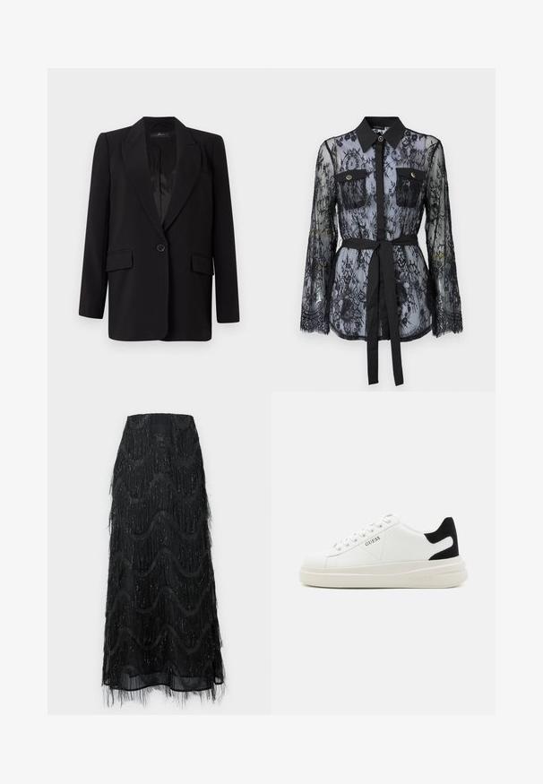 Svart blazer med skulderklaff, enkelt knapplukking, to frontlommer og glatt satengfôr. Rett snitt.; Svart blondebluse med lange ermer, knapplukking på brystlommene, klassisk krage og belte i stoff knyttet rundt livet. Gjennomsiktig design.; Svart midi skjørt med lagdelt frynser og bølgemønstre. Laget av gjennomsiktig materiale med glitrende detaljer langs kantene.; Hvite lær sneakers med tykk hvit såle, svart semsket hælforsterkning og preget logo på siden. Snøresystem med seks hull.