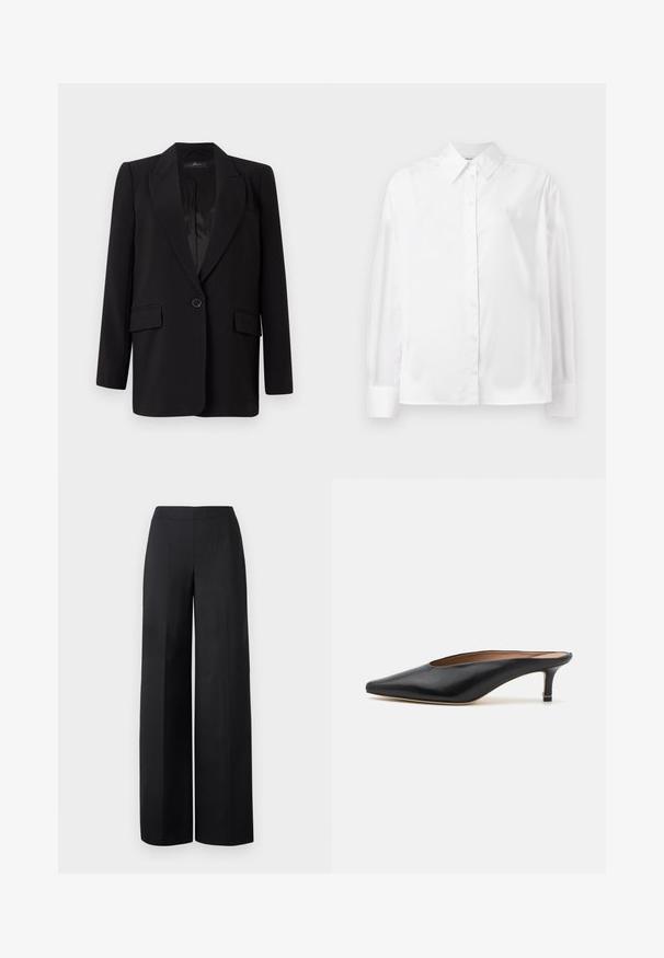 Zwarte blazer met een geknipt revers, enkele knoopsluiting, twee voorkezen en een glad satijnen interieur. Recht model.; Witte langemouwige button-up shirt in een gladde katoenmix. Voorzien van een klassieke kraag, een knoopsluiting aan de voorkant en afgeronde manchetten.; Zwarte wijde broeken van een gladde stof. Heeft een hoge tailleband en schone, rechte lijnen zonder zichtbare zakken of versieringen.; Zwarte leren muiltjes met een puntige neus en een lage, blokhak. Glad oppervlak met een gestroomlijnd ontwerp. Open achterkant met minimale details.