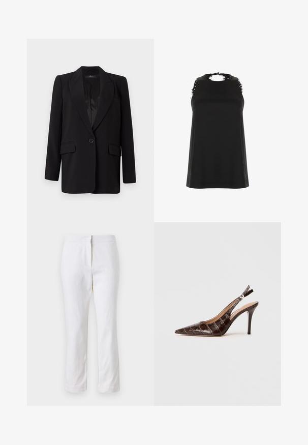 Schwarzer Blazer mit Reverskragen, einem Knopfverschluss, zwei vorderen Taschen und einem glatten Satin-Innenfutter. Geradliniger Schnitt.; Schwarzes ärmelloses Top mit hohem Ausschnitt, das ausgefranste Spitzenakzente an den Schultern und eine glatte, weiche Textur aufweist.; Weiße Baumwollhose mit geradem Bein, mittelhoher Taille und ohne sichtbare Beschläge oder Muster. Glatte Textur auf der gesamten Fläche.; Braune, krokodil-prägierte Leder-Slingback-Pumps mit spitzem Schuhkopf, offenem Seitenbereich und dünnem hohen Absatz. Mit einer Schnallenverstellung gestaltet.