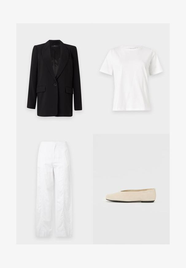 Blazer preto com lapela corte em notch, fecho com um único botão, dois bolsos frontais e interior suave em cetim. Design de corte reto.; T-shirt de algodão branco com mangas curtas, decote redondo e um corte descontraído. Textura suave, sem padrões ou detalhes, design minimalista.; Calças brancas de perna larga feitas de um tecido leve, com uma textura suave, linhas limpas e um design de cintura alta.; Bailarina de camurça bege com bico redondo, sola plana e design minimalista. Textura suave e sem detalhes metálicos ou enfeites visíveis.