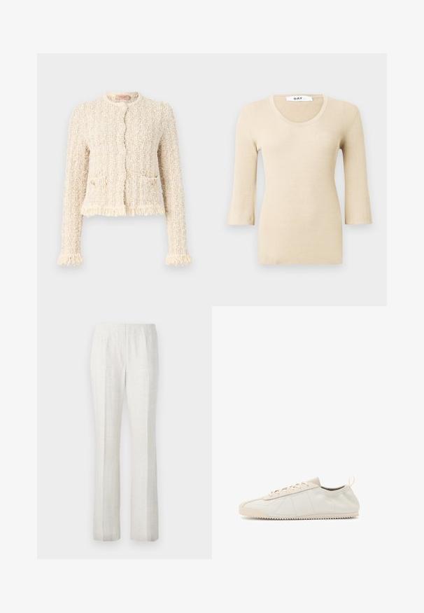 Teksturowany kremowy kardigan z wzorem boucle, okrągłym dekoltem, frędzlami na dole i przy mankietach, kieszeniami z przodu oraz zapięciem na guziki.; Beżowa, prążkowana bluzka z długim rękawem i okrągłym dekoltem. Tekstura jest gładka i dopasowana. Rozkloszowane mankiety dodają subtelnego detalu projektowego.; Jasno kolorowe spodnie o prostym kroju, wykonane z gładkiego materiału, z plisami z przodu i eleganckim projektem pasa.; Kremowe skórzane sneakersy z okrągłym noskiem, sznurowanym zapięciem, teksturowanymi akcentami oraz teksturowaną rubberową podeszwą z wzorem zygzaka.