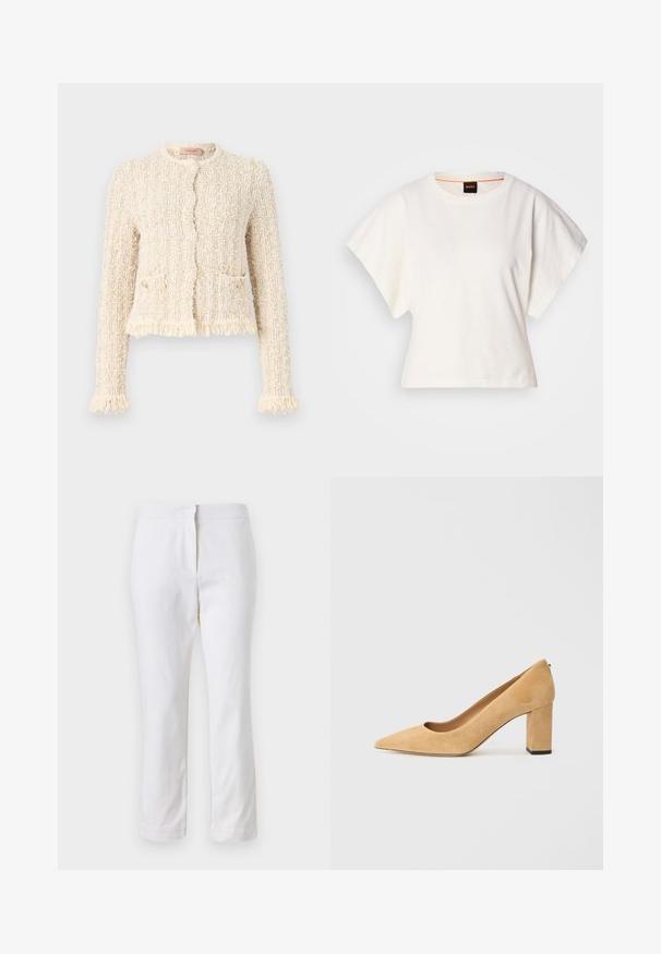 Textured cream cardigan with a boucle design, round neck, fringe hem and cuffs, front pockets, and button closure.; White cropped T-shirt, short wide sleeves, soft cotton material, round neckline with subtle orange trim, minimal design, no patterns or graphics.; White cotton pants with a straight leg design, featuring a mid-rise waist and no visible hardware or patterns. Smooth texture throughout.; Beige suede high-heeled pump with a pointed toe and a chunky block heel. The material has a soft texture with a smooth finish.