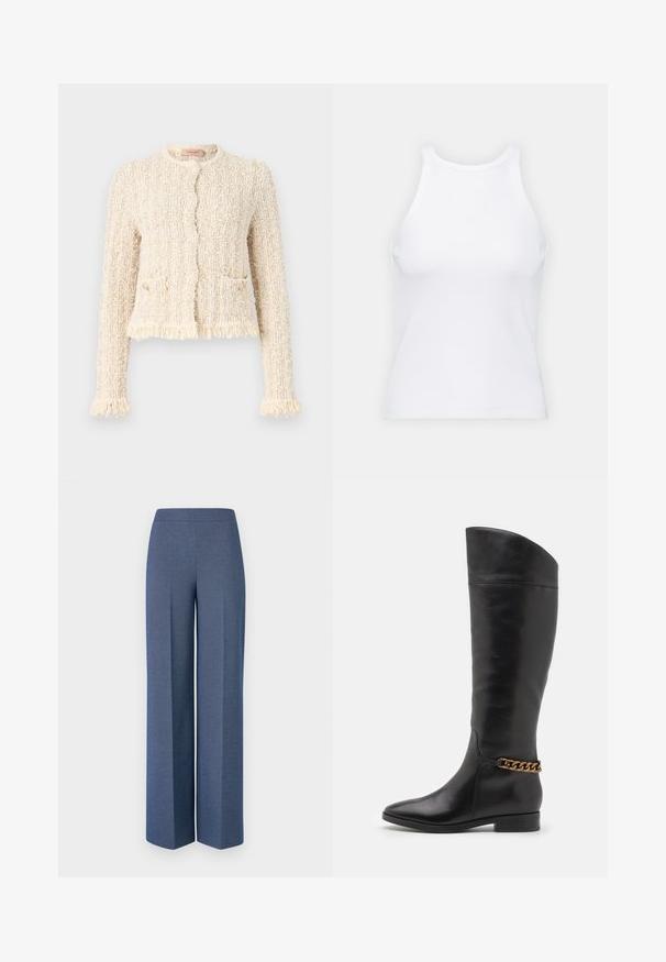 Cardigan crema strutturato con design a bouclé, colletto rotondo, orlo e polsini frangiati, tasche frontali e chiusura a bottoni.; Top senza maniche bianco realizzato in tessuto a coste, caratterizzato da un collo arrotondato e una silhouette aderente, con cuciture minime e senza decorazioni.; Pantaloni a gamba larga in tessuto blu strutturato con una cintura liscia e linee di pieghe nette sul davanti, che mettono in evidenza un design sartoriale.; Alti stivali in pelle nera dal design elegante, punta affusolata e dettagli in catena dorata alla caviglia. Tacco a blocco basso. Texture liscia.