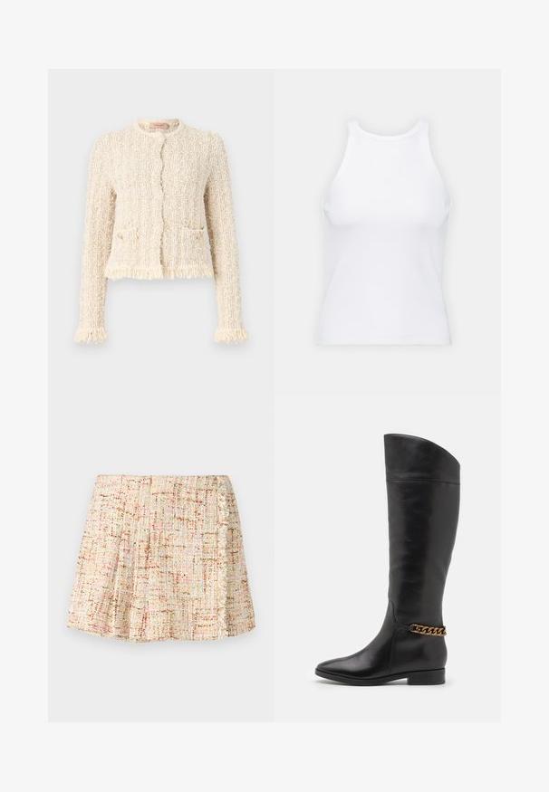 Cardigan crema strutturato con design a bouclé, colletto rotondo, orlo e polsini frangiati, tasche frontali e chiusura a bottoni.; Top senza maniche bianco realizzato in tessuto a coste, caratterizzato da un collo arrotondato e una silhouette aderente, con cuciture minime e senza decorazioni.; Gonna corta e plissettata realizzata in tessuto testurizzato in tonalità neutre con sottili puntini di colore. Presenta un bordo frangiato lungo il lato.; Alti stivali in pelle nera dal design elegante, punta affusolata e dettagli in catena dorata alla caviglia. Tacco a blocco basso. Texture liscia.