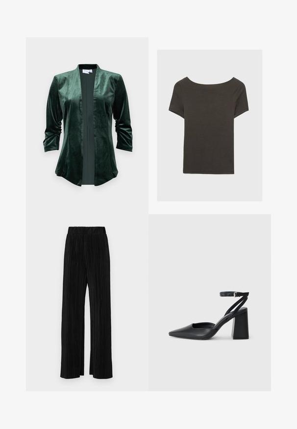 Zielona aksamitna kurtka z szalowym kołnierzem, otwarty przód i rękawy o długości trzech czwartek. Materiał ma miękką, gładką fakturę i subtelny połysk.; Czarna szara bluzka z krótkim rękawem i dekoltem w kształcie łódki. Wykonana z prążkowanej tkaniny, ma luźny krój i czyste wykończenie. Prosty design, bez wzorów.; Czarne spodnie plisowane z elastycznym paskiem w talii. Posiadają szerokie nogawki oraz gładki, teksturowany materiał z pionowymi paskami.; Czarne skórzane czółenka z ostrym noskiem, z paskiem na kostce i grubym obcasem. Gładka faktura, elegancki design i minimalistyczna estetyka.