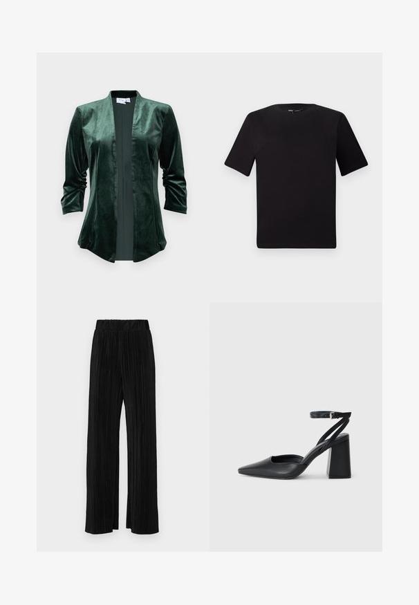 Žameten zelen plašček z šalom, odprto sprednjo stranjo in rokavi do tri četrtine. Tkanina ima mehko, gladko teksturo in subtilen sijaj.; Črna majica s kratkimi rokavi in okroglim izrezom, izdelana iz mehkega bombažnega materiala. Preprost dizajn, brez vidnih logotipov ali vzorcev.; Črne plisirane hlače z elastičnim pasom. Imajo široke noge in gladko, teksturirano tkanino z navpičnimi črtami.; Črne usnjene klasične čevlje z ostrim nosom, z zaponko za gleženj in debelim peto. Ravna tekstura, eleganten dizajn in minimalistična estetika.
