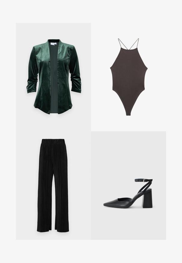 Zelena baršunasta jakna s reverom, otvorenim prednjim dijelom i rukavima do tri četvrtine. Tkanina ima mekanu, glatku teksturu i suptilan sjaj.; Smeđi jednodijelni kupaći kostim s visokim ovratnikom i tankim, prilagodljivim trakama; ima visoko izrezane nogavice i glatku teksturu. Bez uzoraka ili dekoracija.; Crne plisirane hlače s elastičnim pojasom. Imaju široke nogavice i glatku, teksturiranu tkaninu s vertikalnim prugama.; Crne kožne cipele s špicastim vrhom, remenom oko gležnja i debelim potplatom. Ravna tekstura, elegantan dizajn i minimalistička estetika.