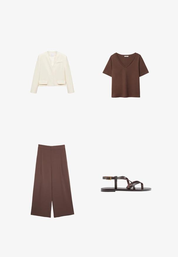 Blazer cropped color crema con scollatura a V, maniche lunghe, due tasche frontali e una tasca sul petto per un design minimalista.; T-shirt in cotone marrone con maniche corte e scollo a V profondo. Design semplice, texture morbida e orlo dritto. Senza fantasie o dettagli.; Pantaloni ampi marroni con una texture liscia, caratterizzati da una vita alta e pieghe frontali. Il tessuto è leggero e scorre liberamente.; Sandal in pelle marrone con cinturini incrociati, chiusura con cinturino alla caviglia e suola piatta con dettagli di cucitura minimi.