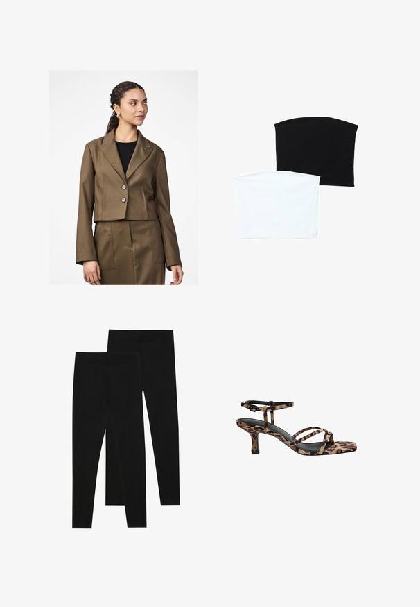 Lyhennetty ruskea bleiseri, jossa on kauluskäänteet, kaksi nappia ja pitkät hihat. Kangas on sileää ja räätälöity hame on näkyvissä.; Kaksi saumattomia putkilaineita: yksi musta ja yksi valkoinen. Molemmat on valmistettu pehmeästä, joustavasta kankaasta ja niissä on sileä rakenne ilman kuvioita.; Mustat legginssit, jotka on valmistettu joustavasta kankaasta, joissa on saumaton vyötärö ja kapea malli, sopivat arkikäyttöön tai liikuntaan.; Naiskahva leopardikuosiset korkokengät, joissa on neliönmuotoinen kärki, useita remmejä ja keskipitkä korko. Valmistettu pehmeästä tekstiilimateriaalista.