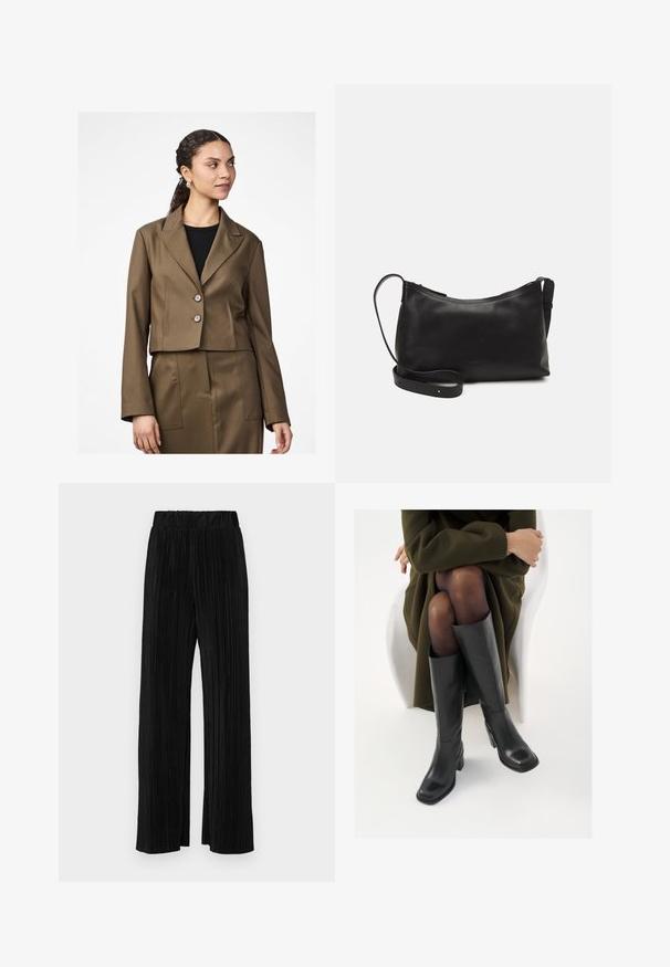 Skraťený hnedý blejzer s výstrihom do V, dvoma gombíkmi a dlhými rukávmi. Tkanina má hladkú štruktúru, viditeľná je aj ušitá sukňa.; Súprava dvoch dlhých rukávov v bielej a čiernej farbe. Žebrovaná textúra, okrúhly výstrih, priliehavý strih s mierne rozšírenými rukávmi.; Čierne plisované nohavice s elastickým pásom. Majú široké nohavice a hladkú, textúrovanú látku s vertikálnymi pruhmi.; Čierne kožené čižmy po kolená so štvrtým prstom a blokovým opätkom, zobrazené s modelom sediacim v olivovo zelenej bunde. Hladká textúra, minimálne detaily.; Čierna kožená ramenná taška s hladkou textúrou, zakriveným tvarom, nastaviteľným popruhom a zipsom. Minimalistický dizajn bez ozdôb.