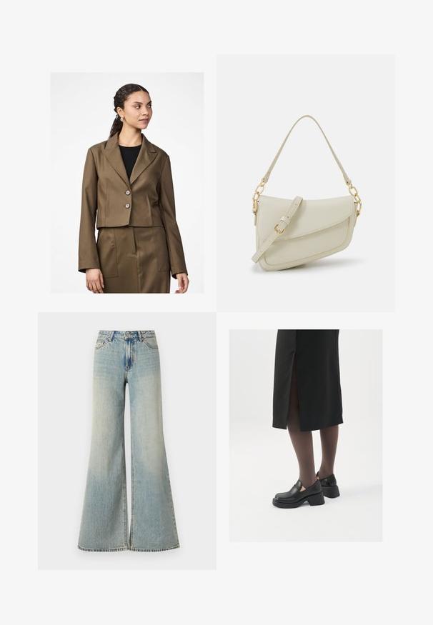 Blazer brun coupé avec un col cranté, deux boutons et des manches longues. Le tissu a une texture lisse, jupe ajustée assortie visible.; Débardeur blanc sans manches en tissu côtelé, doté d'un col rond et d'une silhouette ajustée, avec des coutures minimales et sans ornements.; Jean large bleu clair à taille haute, avec une finition délavée, des poches avant et une légère fente en bas des jambes.; Chaussures noires en cuir avec un bout arrondi, un épais talon bloc et des accents latéraux élastiques, associées à des bas foncés et une jupe noire avec une fente.; Petit sac à main crème avec une finition texturée, une longue sangle réglable, un accent en chaîne et une fermeture à rabat. Détails en matériel doré.; Boucles d'oreilles en argent en forme de créoles avec un design torsadé, dotées d'une finition polie et d'une fermeture à poussoir. Mesurent environ 3 cm de diamètre.