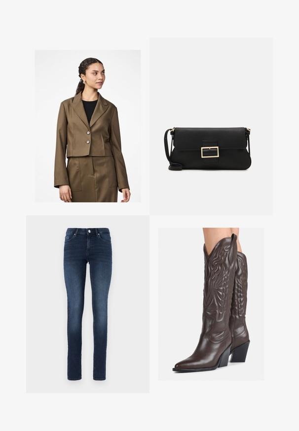 Przesztywniana brązowa marynarka z wykładanym kołnierzem, dwoma guzikami i długimi rękawami. Tkanina ma gładką fakturę, widoczna dopasowana spódnica.; Biała bezrękawnikowa koszulka wykonana z prążkowanej tkaniny, z okrągłym dekoltem i dopasowanym krojem, o minimalnych szwach i bez ozdób.; Ciemnoniebieskie wąskie dżinsy wykonane z denimu, z klasycznym pięciopocketowym wzorem, zapinane na guzik, z delikatnym wyblaknięciem na udach.; Brązowe skórzane kowbojki z noskiem w kształcie migdała i blokowym obcasem, z detalicznym przeszyciem i podniesionymi akcentami na cholewce.; Czarna skórzana torebka kopertowa z klapką i detalem w postaci złotej metalowej klamry. Zawiera czarny pasek oraz elegancki, minimalistyczny design.