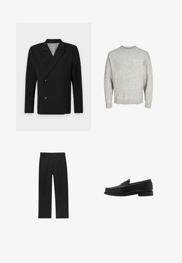 Sort, dobbeltradet blazer lavet af glat stof med to for-lommer og sorte knapper. Notch krave og struktureret silhuet.; Lys grå strikket sweater med rund halsudskæring, drop shoulders og ribbede manchetter, der har en struktureret, let fuzzy overflade.; Hvid langærmet skjorte lavet af glat stof med knaplukning fortil. Har en klassisk krave og messingfarvede knapper langs knapstolpen.; Sorte bukser med lige ben, lavet af et glat stof. Har frontfolder og en enkelt knaplukning i taljen.; Mango Business loafers - black