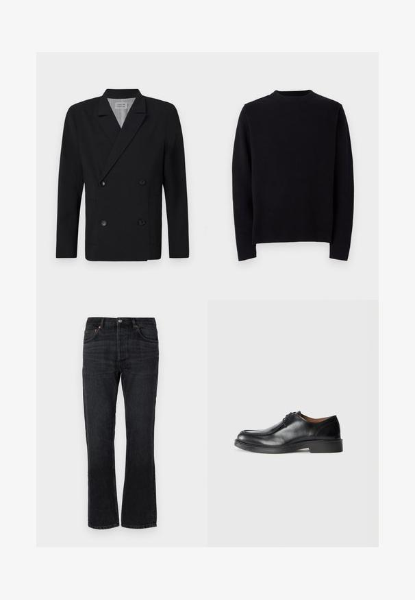 Črn dvojnast blazer iz gladkega materiala, z dvema sprednjima žepoma in črnimi gumbi. Zarezan ovratnik in strukturirana silhueta.; Črna pletena jopica z dolgimi rokavi, okroglo rebrasto ovratnik in ravno krojenjem. Gladka površina brez vidnih vzorcev ali poudarkov.; Črne jeans hlače z ravnim krojem, petimi žepi in oranžnimi šivi. Gladka tekstura in minimalni učinek bledenja.; Črne usnjene moške čevlje z zaobljenim nosom, gladko površino, vezalkami in nizkim, teksturiranim gumijastim podplatom. Čiste linije in minimalističen dizajn.