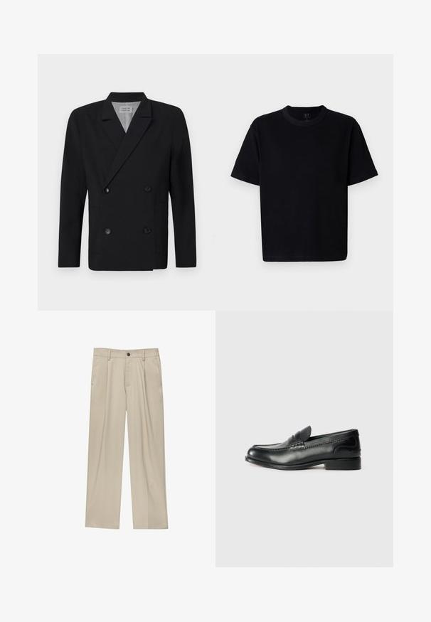 Schwarzer doppelt geknöpfter Blazer aus glattem Stoff, mit zwei vorderen Taschen und schwarzen Knöpfen. Mit Reverskragen und strukturierter Silhouette.; Schwarzes Baumwoll-T-Shirt mit Rundhalsausschnitt, kurzen Ärmeln und geradem Schnitt. Minimale Nähte und eine weiche, glatte Textur.; Beige Hosen mit geradem Schnitt, ausgestattet mit einem einzelnen schwarzen Knopf, Gürtelschlaufen und Seitentaschen. Glatte Stofftextur und minimalistisches Design.; Schwarze Lederloafers mit glatter Oberfläche, gesteppten Details über dem Vorderblatt und einem leicht erhöhten Absatz.