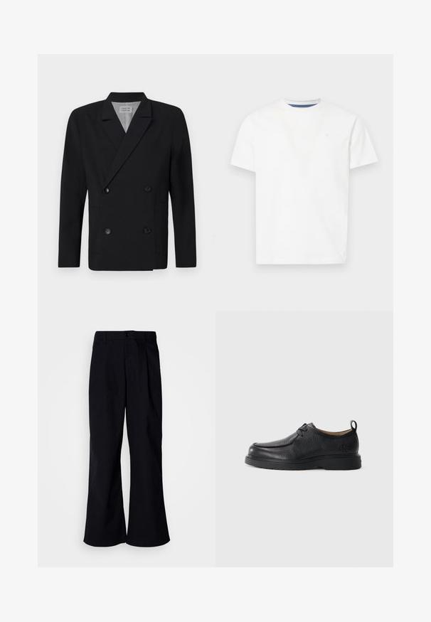 Μαύρο σακάκι διπλής όψης από μαλακό ύφασμα, διαθέτει δύο μπροστινές τσέπες και μαύρα κουμπιά. Με γιακαδάκι και προσεγμένη σιλουέτα.; Λευκό κοντομάνικο T-shirt από βαμβάκι. Διαθέτει στρογγυλή λαιμόκοψη με μπλε εσωτερική ραφή και διακριτό κεντημένο λογότυπο στο στήθος.; Μαύρο παντελόνι με φαρδιά πόδια από βαμβάκι, με πτυχές μπροστά, που διαθέτει κουμπί κλεισίματος και θηλιές ζώνης, λεία υφή και χωρίς ορατά σχέδια.; Μαύρο δερμάτινο παπούτσι με λείο φινίρισμα, στρογγυλή μύτη, διακριτική ραφή, σχέδιο με κορδόνια και υφασμάτινη ετικέτα πίσω με υφή.