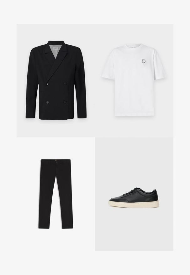 Blazer doppiopetto nero realizzato in tessuto liscio, con due tasche frontali e bottoni neri. Collo a scollo e silhouette strutturata.; T-shirt in cotone bianco con vestibilità rilassata, presenta un piccolo logo grafico nero nella zona sinistra del petto. Maniche corte, collo a giro.; Pantaloni neri realizzati in tessuto con una superficie liscia. Presentano una chiusura con bottone, passanti per cintura e tasche laterali. Design a gamba dritta standard.; Sneaker in pelle nera a basso profilo con lacci neri e suola avorio, mostrato di profilo su sfondo bianco.