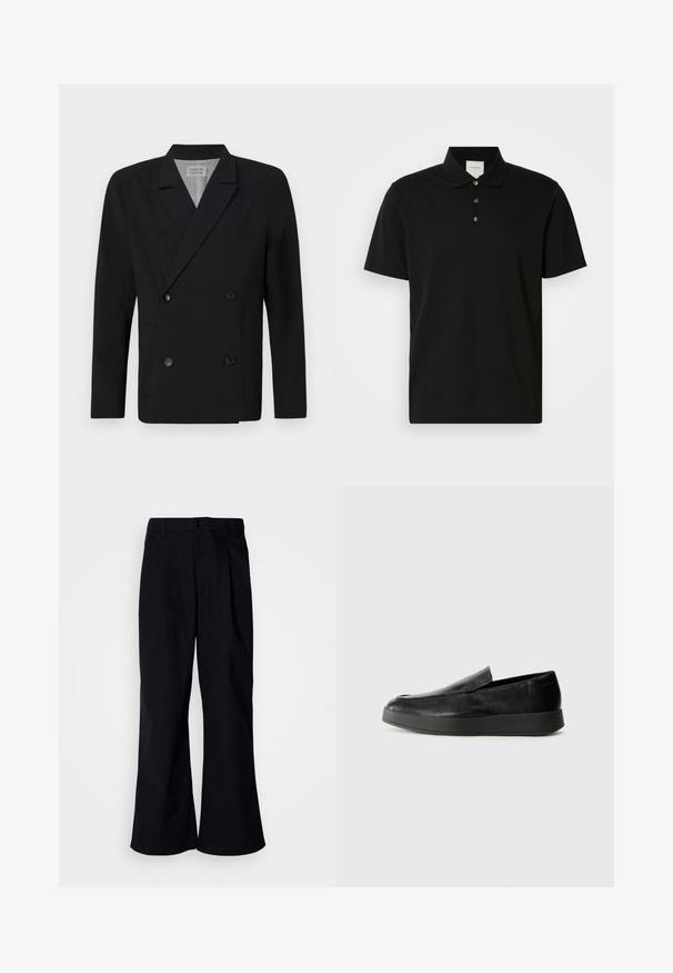 Black double-breasted blazer made of smooth fabric, features two front pockets, and black buttons. Notched collar and structured silhouette.; Black short-sleeve polo shirt in smooth fabric, featuring a classic collar, three-button placket, and subtle vertical pattern.; Black wide-leg trousers made of cotton with a front pleat, featuring a button closure and belt loops, smooth texture, and no visible patterns.; Calvin Klein HYBRID CUP - Slip-ons - triple black