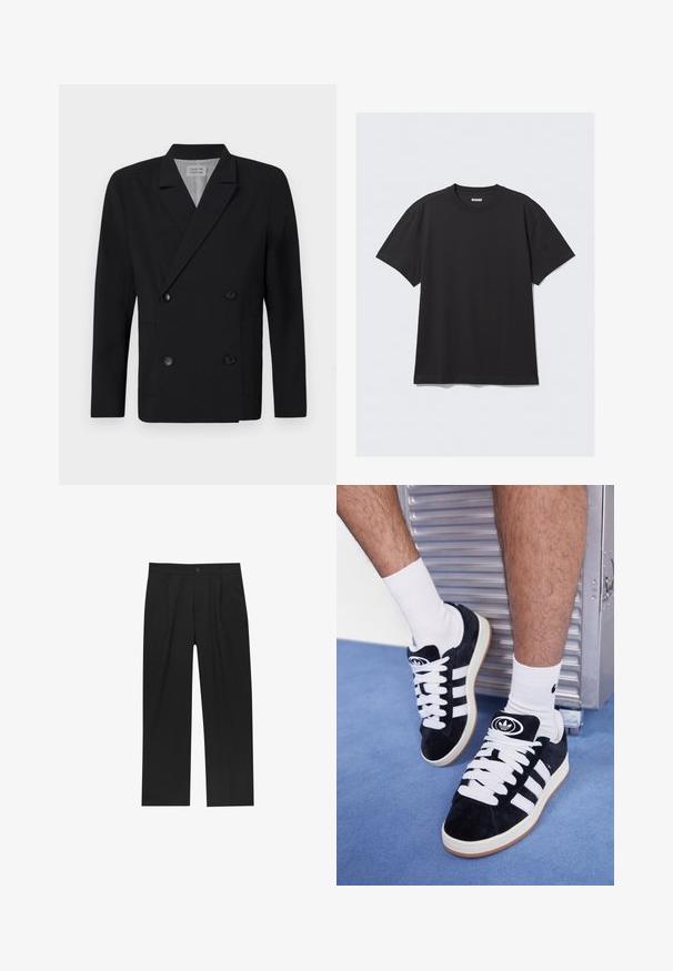 Čierny dvojradový blejzer vyrobený z hladkej tkaniny, má dve predné vrecká a čierne gombíky. S klopovým golierom a štruktúrovanou siluetou.; Čierne tričko s krátkym rukávom vyrobené z bavlny. Má okrúhly výstrih a voľný strih. Jednoduchý dizajn bez vzorov alebo akcentov.; Čierne nohavice s rovnými nohavicami, vyrobené z hladkej tkaniny. Majú predné puky a jediné gombíkové zapínanie v páse.; Čierne semišové tenisky s bielymi šnúrkami a tromi bielymi pruhmi. Obsahujú kruhové čierne logo na jazyku a gumovú podrážku.