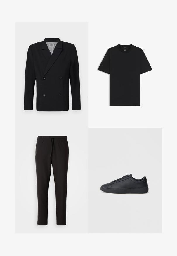 Blazer doppiopetto nero realizzato in tessuto liscio, con due tasche frontali e bottoni neri. Collo a scollo e silhouette strutturata.; Maglietta nera a maniche corte realizzata in un morbido misto cotone, con scollatura a girocollo e un design minimalista senza motivi o dettagli.; Pantaloni jogger neri realizzati in tessuto liscio. Presentano una vita elasticizzata con stringa, gambe affusolate e senza tasche visibili. Design semplice.; Sneakers neri realizzati in pelle liscia, con design a bassa cima, punta rotonda e suola piatta in gomma. Presentano lacci e un branding discreto.