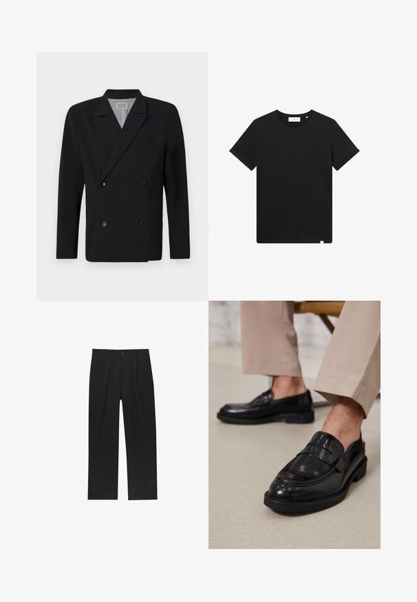 Črn dvojnast blazer iz gladkega materiala, z dvema sprednjima žepoma in črnimi gumbi. Zarezan ovratnik in strukturirana silhueta.; Črn kratkolasasti T-majica iz bombaža z okroglim izrezom in majhnim logotipom vezenim na prsih. Gladka tekstura, standardna prileganja.; Črne hlače z ravnim krojem, narejene iz gladkega materiala. Imajo sprednje gube in enojno zaponko na pasu.; Črne usnjene loafer čevlje z gladko površino, ki imajo okrasno zaponko in kontrastno šivanje, v kombinaciji s bež hlačami.