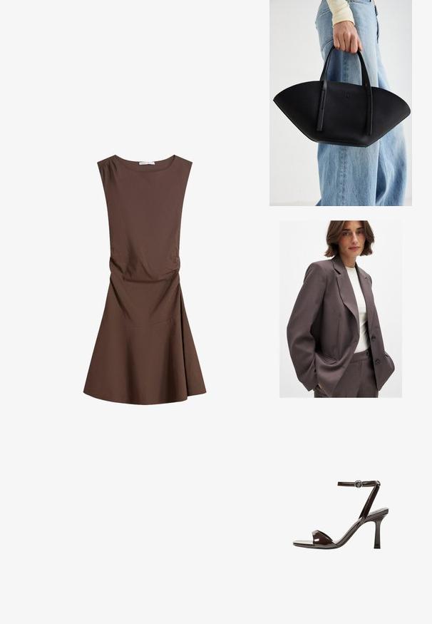 Temno rjav blazer s prilagojeno obliko, z širokimi kragnami, zapiranjem na gumb in stranskimi žepi. V kombinaciji z svetlo obarvano majico.; Brezrokavni rjav obleko do kolen z okroglim izrezom in rahlim stranskim gubanjem, razširjenim krilom na enobarvni beli podlagi.; Rjave visokosprti sandali iz pateniranega usnja z zaponko okoli gležnja, odprto konico in eleganten, minimalističen dizajn. Imajo kvadratno peto.; Črna usnjena torbica z edinstveno obliko ventilatorja, z ravnimi ročaji. Površina ima teksturo z drobnimi kamni in minimalističen dizajn.