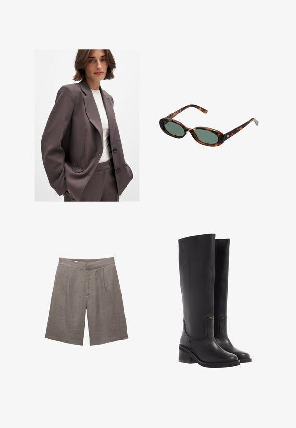 Dark brown blazer with a tailored design, featuring wide lapels, button closure, and side pockets. Paired with a light-colored top.; Brown long-sleeve top made of soft, stretchy material with a round neckline and a relaxed fit, featuring a smooth texture and minimal detailing.; Gray linen shorts with a relaxed fit, featuring a flat front, two front pleats, and side pockets. Smooth texture with no visible patterns.; Black leather knee-high boots with a smooth texture, rounded toe, and a chunky heel. Features subtle stitching and a streamlined design.; Tortoiseshell sunglasses with oval frames and green lenses. Features thin arms with a metallic accent near the hinges.; Tan suede handbag with two long handles, rectangular shape, and decorative stitching. Features a side strap and subtle gold hardware accents.