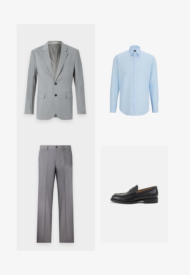 Grey blazer with a textured fabric, single-breasted design, notched lapels, two front pockets, and black buttons. Lined interior.; Light blue long-sleeve dress shirt made of smooth fabric, featuring a button-down front, pointed collar, and regular fit.; Gray tailored trousers with a flat front, two side pockets, and a single button closure. Smooth texture with a subtle pinstripe pattern.; Black leather loafers with a smooth finish, rounded toe, and decorative stitching on the vamp. Low stacked heel and slight shine.