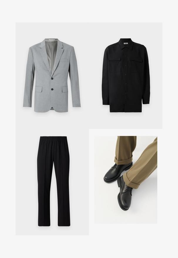 Grey blazer with a textured fabric, single-breasted design, notched lapels, two front pockets, and black buttons. Lined interior.; Black button-up shirt made of smooth fabric, featuring a classic collar, two front pockets, and long sleeves with button cuffs.; Black, elastic-waist trousers with a straight-leg design, featuring a smooth texture and no visible patterns or hardware.; Black leather dress shoes with a smooth finish, featuring laces and a rounded toe, paired with rolled-up khaki trousers.