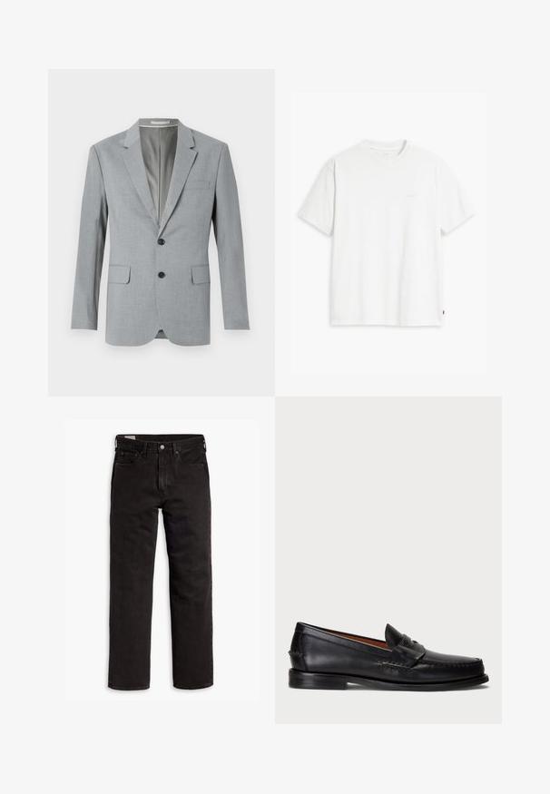 Sacou gri dintr-un material texturat, cu un design cu un rând de nasturi, rever cu colțuri, două buzunare frontale și nasturi negri. Interior căptușit.; Tricou alb din bumbac cu mâneci scurte, guler rotund și logo-ul subtil Levi's imprimat în centrul său. Textură moale și croială standard.; Jeans din denim negri cu picior drept, cu cinci buzunare, închidere cu nasture și bucle pentru curea, așezați plat pe un fundal alb.; Mocasini din piele neagră cu vârful rotunjit, detalii cusute și o curea decorativă în partea din față. Talpă plată cu un profil minim.