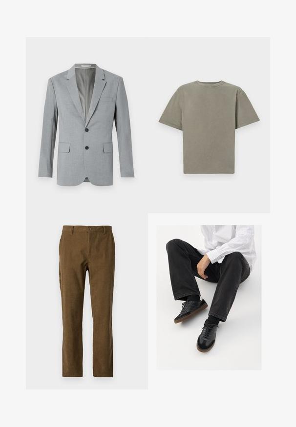 Blazer cinza com tecido texturizado, design de um único botão, lapelas com corte em pico, dois bolsos frontais e botões pretos. Interior forrado.; T-shirt de mangas curtas e decote redondo na cor verde suave. Feito de algodão macio com uma textura lisa e bordas limpas. Sem logótipos ou padrões visíveis.; Calças de ganga castanhas de corte direito, com riscas verticais, fecho de botão à frente e bolsos laterais para maior utilidade.; Sneakers pretos com parte superior lisa e texturada, apresentando uma sola de borracha e atacadores escuros. Combinados com jeans pretos e uma camisa branca às riscas.