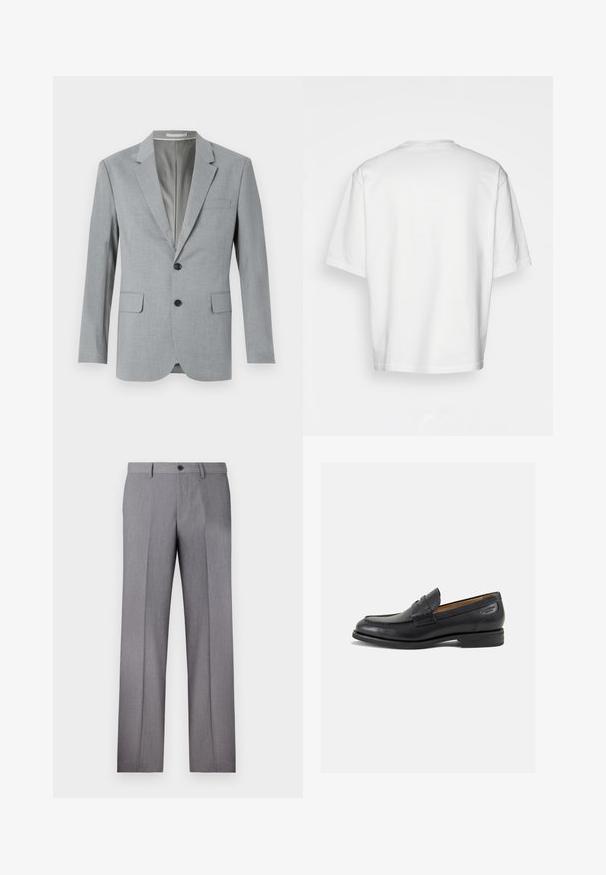 Grå blazer med teksturert stoff, ensidig lukking, med spalteklaffer, to framlommer og svarte knapper. Fôr på innsiden.; Hvit t-skjorte med korte ermer, løs passform, rund hals, glatt bomullsstoff, udekorerte bak, rett nederkant, ingen mønstre eller detaljer.; Grå skreddersydde bukser med flat front, to sidelommer og en enkel knappelukking. Glatt tekstur med et subtilt stripe-mønster.; Sorte lær loafers med en glat overflade, rund tå og dekorativ syning på forfoden. Lav stablet hæl og let glans.
