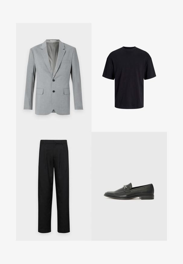 Pelēks uzvalks ar strukturētu audumu, vienas rindas aizdare, izgriezti klāji, divas priekšējās kabatas un melnas pogas. Iekšpuses oderējums.; Melns kokvilnas T-krekls ar apaļu kakla izgriezumu, īsām piedurknēm un brīvu piegriezumu. Gluda tekstūra un nav redzamu rakstu vai akcentu.; Melnas bikses, izgatavotas no gludas auduma, ar taisnu kāju dizainu, divām priekšējām krokām un standarta jostu, kurai ir āķi.; Melna ādas loafer izmēra apavi ar gludu virsmu, piedāvā ar šūtu dizainu un dekoratīvu metāla ķēdes akcentu pār vampu. Plakana papēža daļa.