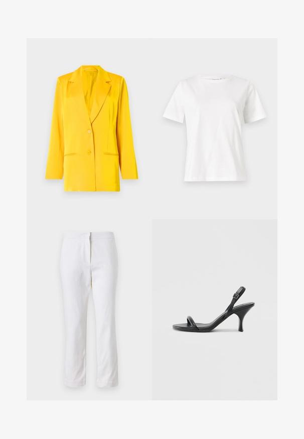Blazer giallo realizzato in tessuto liscio, con colletto a scialle, due tasche frontali e due bottoni per la chiusura. Vestibilità sartoriale, maniche lunghe.; T-shirt bianca in cotone con maniche corte, scollatura rotonda e vestibilità rilassata. Struttura liscia, senza motivi né accenti, design minimalista.; Pantaloni bianchi in cotone con design a gamba dritta, caratterizzati da una vita a media altezza e senza hardware o motivi visibili. Tessuto liscio su tutta la superficie.; Sandali con tacco alto in pelle nera, con tacco sottile e curvo e design a fascia incrociata. Cinghia alla caviglia regolabile. Texture liscia.