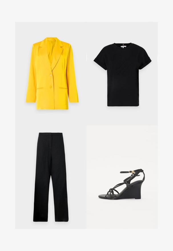 Žltý blejzer vyrobený z hladkej tkaniny, so šálovým golierom, dvoma prednými vreckami a dvoma gombíkmi na zapínanie. Úzky strih, dlhé rukávy.; Čierne bavlnené tričko s krátkymi rukávmi, ktoré sú zvinuté, s vyrazeným logom v strede a malým flag akcentom na boku.; Čierne široké nohavice vyrobené z ľahkej tkaniny. Majú hladkú textúru, vysoký pás a minimálne švy.; Čierne klinové sandále s tenkými, prekríženými remienkami a nastaviteľným členkovým remienkom so zlatou sponou. Hladký kožený povrch.